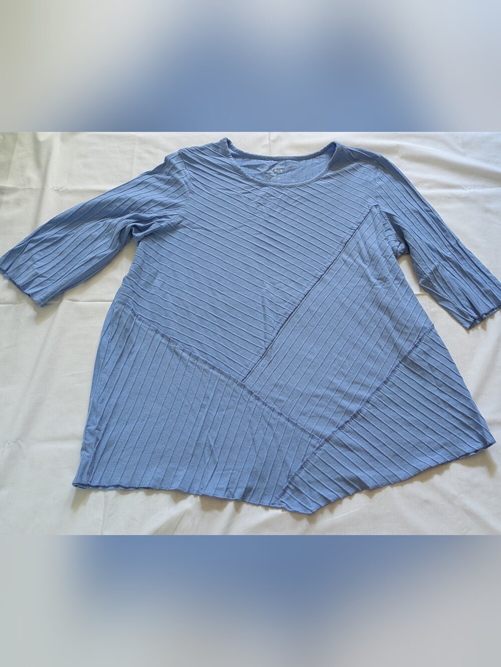 Light Blue Blocked Textured Rib-Knit Scoop Neck 3/4 Sleeve Top